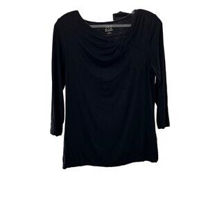 212 Collection Women's 3/4 Sleeve Ruched Neck Semi Sheer Top Black Size Small